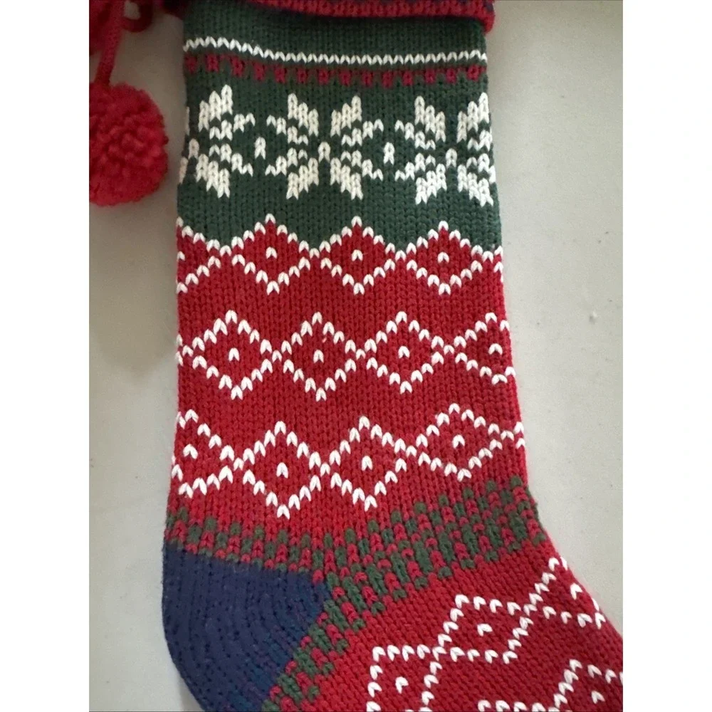 Target Wondershop Knit Fair Isle Holiday Christmas Stocking Blue Red White Poms